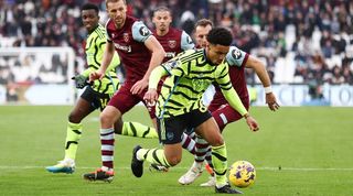 Ethan Nwaneri on the ball for Arsenal against West Ham in the Premier League in February 2024.